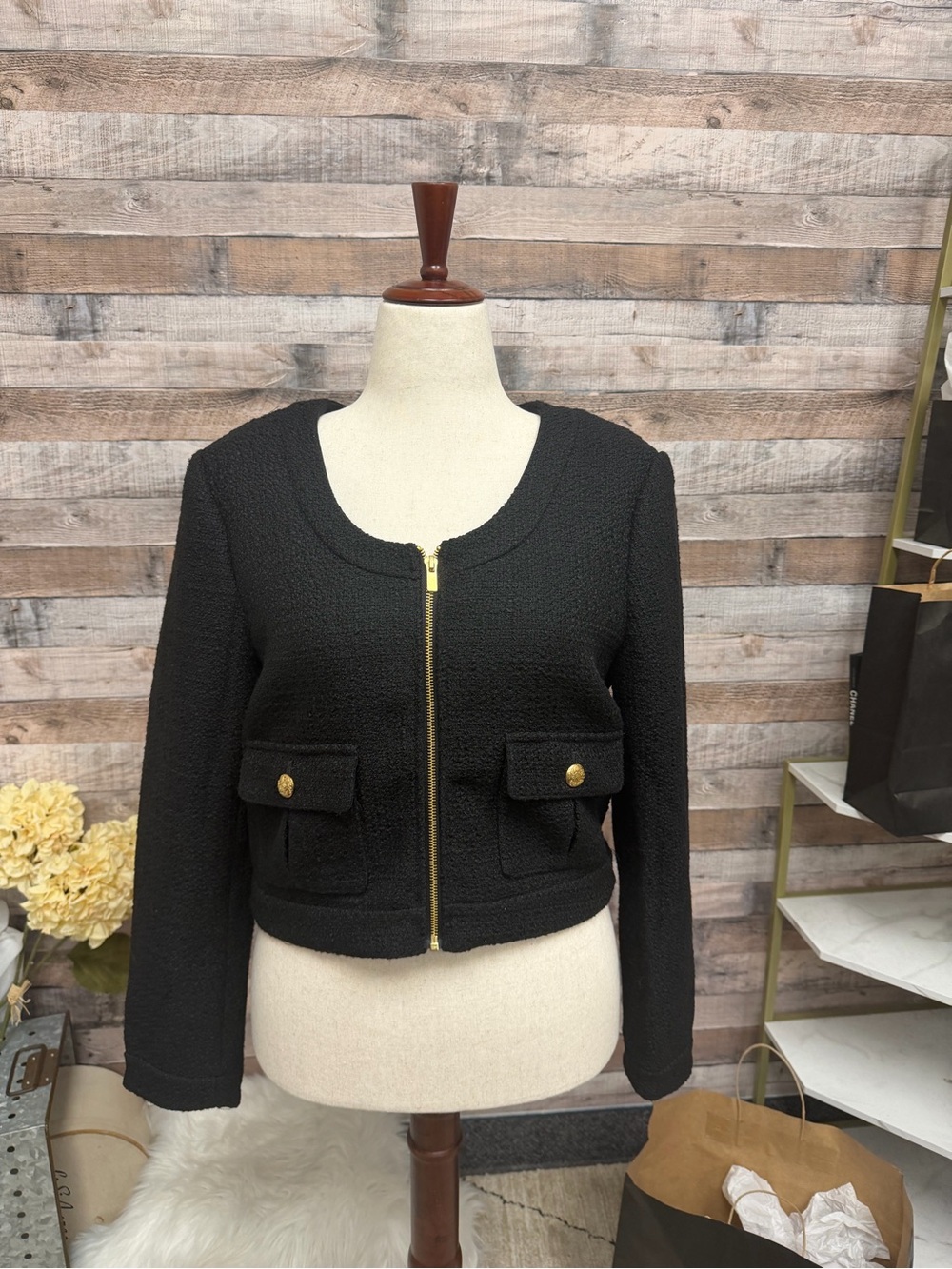 Ann Taylor Black Tweed Zip-Front Cropped Jacket